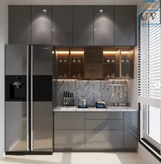 Concept visualisation of a compact modular kitchen with graphite grey cabinetry, illuminated timber and glass wall units and a marble counter