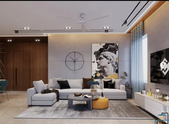 Contemporary living room interior in a neutral palette with fluted timber panelling and a large artwork