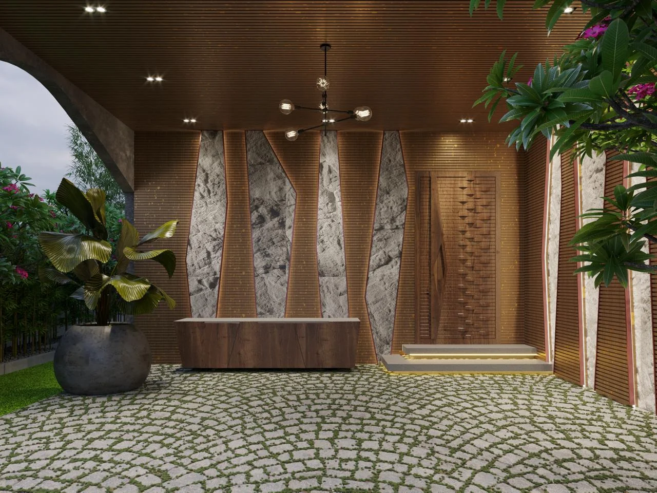 Visualisation of an entrance courtyard with vertical timber batten walls split by backlit rough stone panels and cobblestone paving