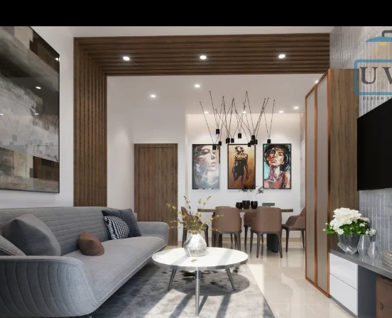 Living and dining space with a timber slat ceiling