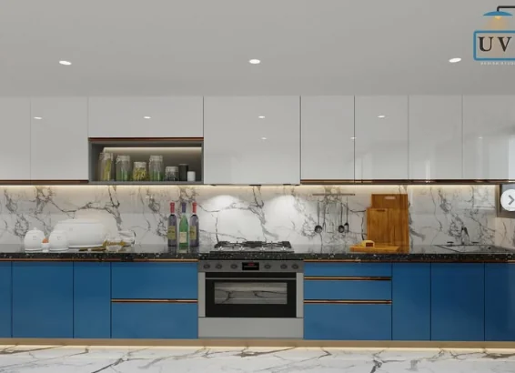 Concept visualisation of a modular kitchen with cobalt blue lacquer base units, high-gloss white wall cabinets and a veined marble backsplash