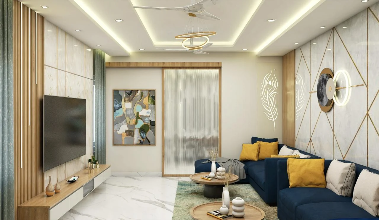 Visualisation of a contemporary living room with a navy sectional sofa, a fluted timber and marble television wall and a ringed pendant light